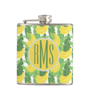Banana Leaves And Fruit Pattern Monogram Hip Flask