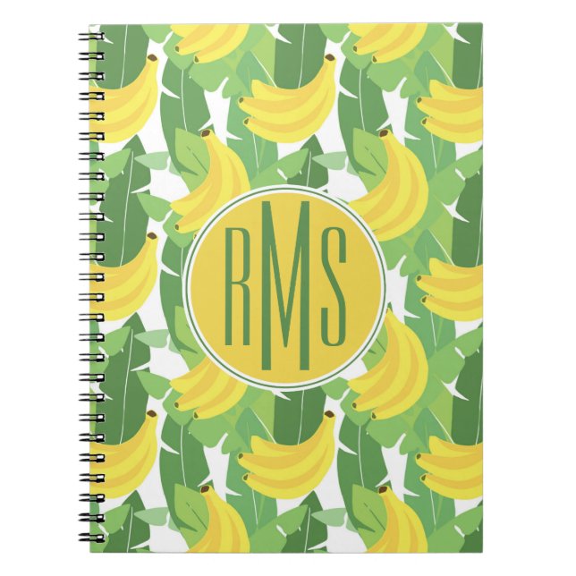 Banana Leaves And Fruit Pattern | Monogram Spiral Notebook (Front)