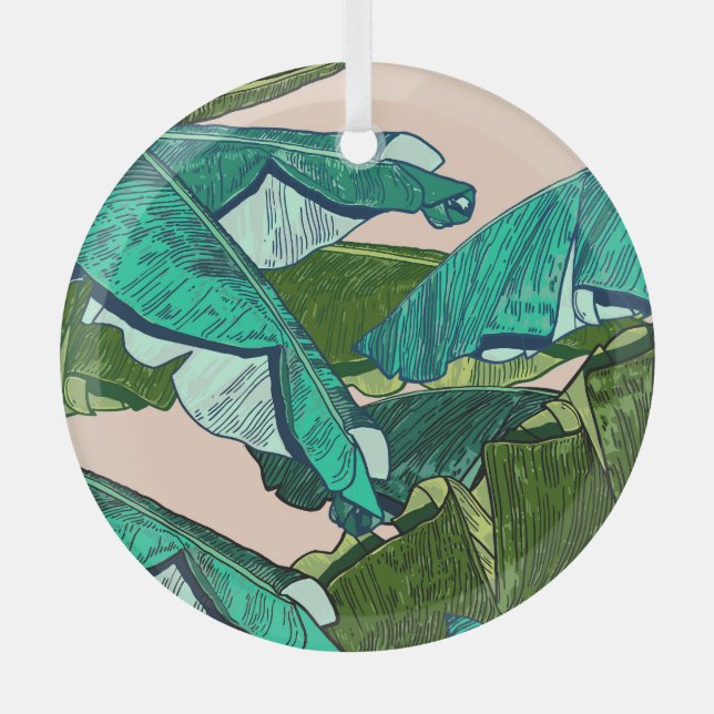 Banana Leaves: Tropical Seamless Pattern. Glass Tree Decoration (Front)