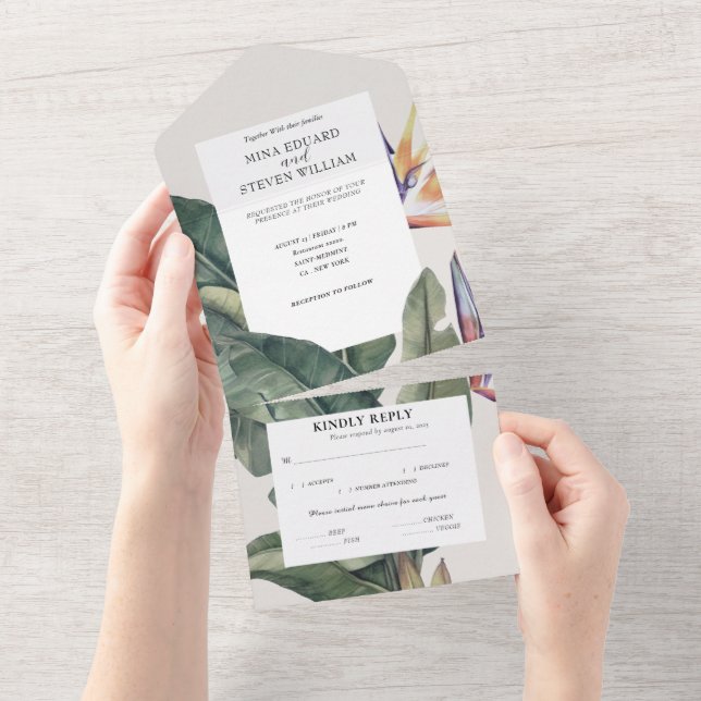 Banana Leaves tropical watercolor wedding  All In One Invitation (Tearaway)
