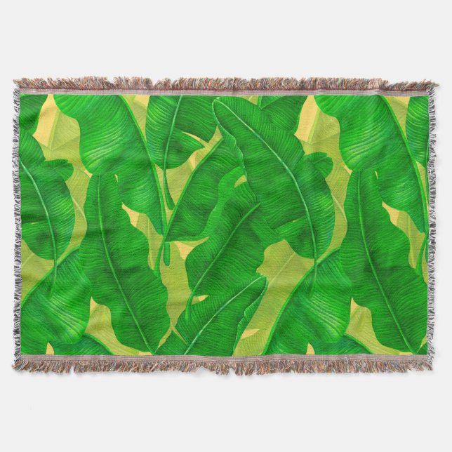 Banana leaves watercolor pattern throw blanket (Front)