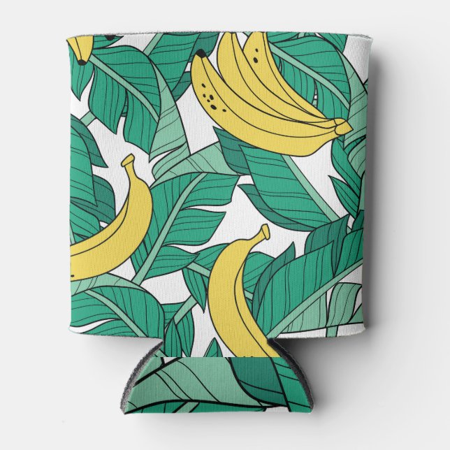 Banana Leaves: White Vintage Pattern. Can Cooler (Front)