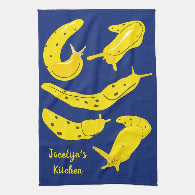 Banana Slugs Yellow and Royal Blue Personalise Tea Towel (Vertical)