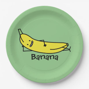 Banana that's smiling, laying down and relaxing paper plate