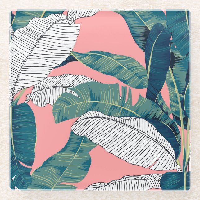Banana Tree Botanical: Bright Red Seamless Glass Coaster (Front)