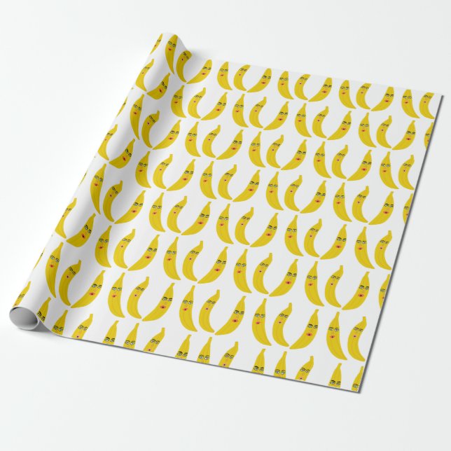 Banana Trio Whimsical Pattern Gift Wrapping Paper (Unrolled)