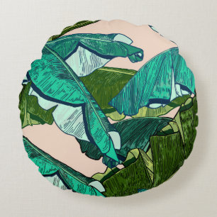 Banana tropical Leaves seamless Pattern Round Cushion