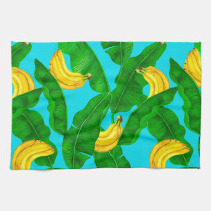 Bananas and leaves watercolor design tea towel