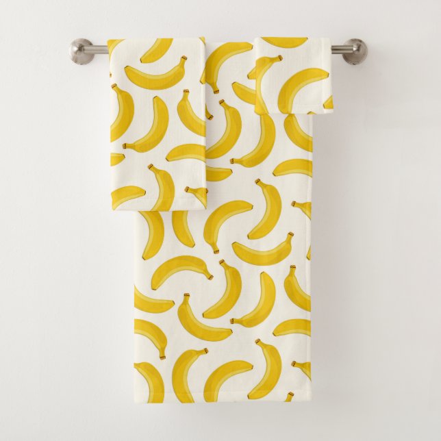 Bananas Tropical Fruit Print, Yellow and White Bath Towel Set (Insitu)
