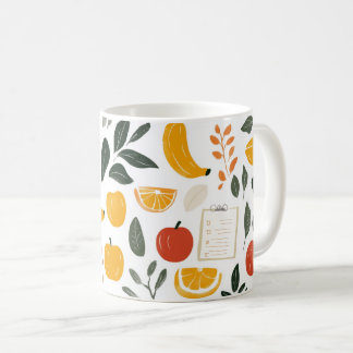 Bananes, pommes and orange tranches.  coffee mug