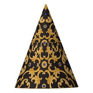 Bandana Print: Black Blue Gold. Party Hat
