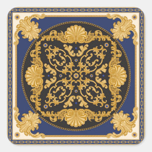 Bandana Print: Black Blue Gold. Square Sticker