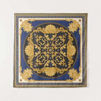Bandana print on black and blue background, Gold c Tapestry