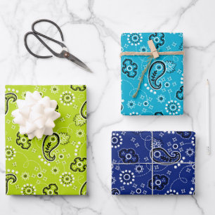 Bandanna Blue Green Mod Adventure Boys Fun Wrapping Paper Sheet