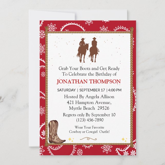 Bandanna Cowboy  Birthday Invitations (Front)