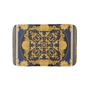 Bandanna Print: Black Blue Gold. Bath Mat