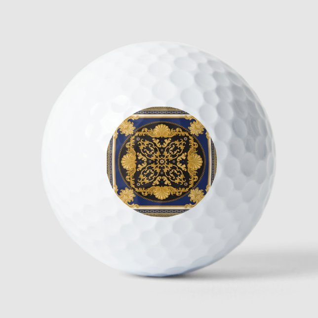 Bandanna Print: Black Blue Gold. Golf Balls (Front)