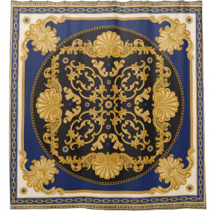 Bandanna Print: Black Blue Gold. Shower Curtain