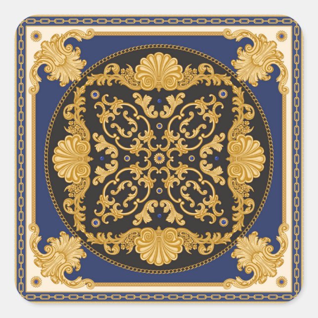 Bandanna Print: Black Blue Gold. Square Sticker (Front)