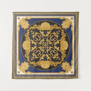 Bandanna Print: Black Blue Gold. Tapestry