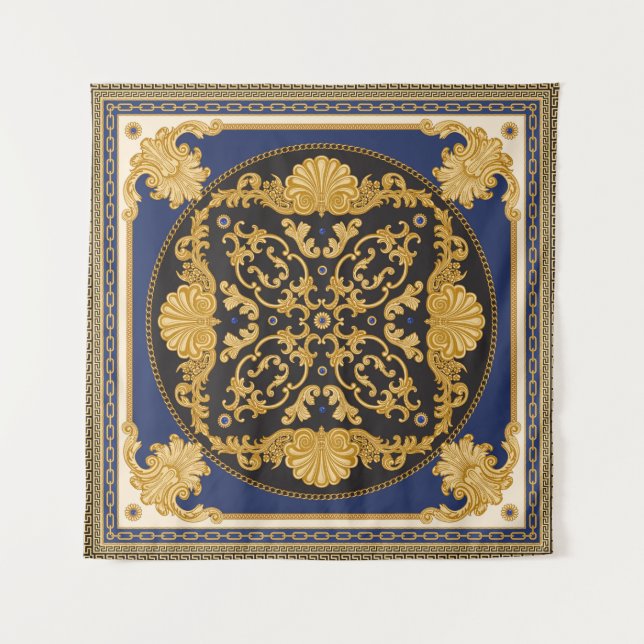 Bandanna Print: Black Blue Gold. Tapestry (Front)