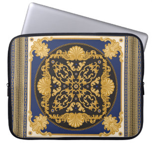 Bandanna print on black and blue background, Gold Laptop Sleeve