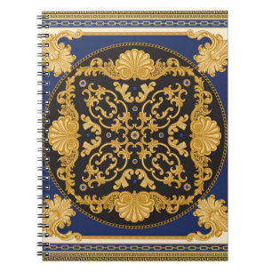 Bandanna print on black and blue background, Gold  Notebook