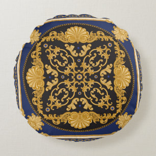 Bandanna print on black and blue background, Gold Round Cushion
