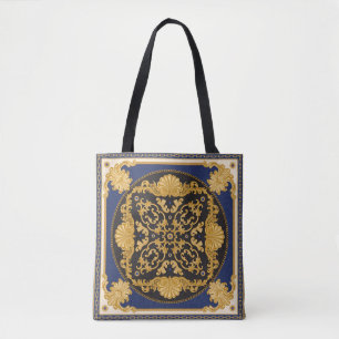 Bandanna print on black and blue background, Gold  Tote Bag