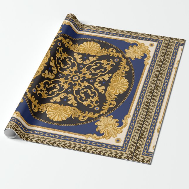 Bandanna print on black and blue background, Gold  Wrapping Paper (Unrolled)