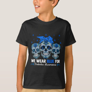 Bandanna Sugar Skull We Wear Ribbon Blue For Diabe T-Shirt