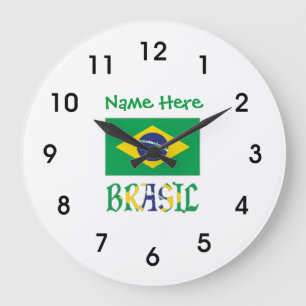 Bandeira do Brasil e Brasil Come o Nome Large Clock