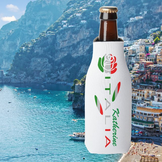 Bandiera d'Italia Rosa Personalised Bottle Cooler (Personalized bottle cooler wirh rose and ITALIA for stem in colors of the Italian flag.)