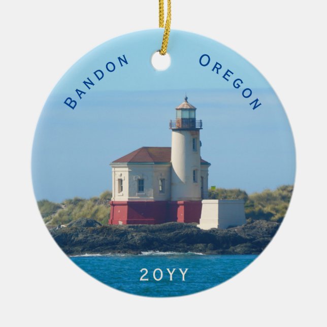 Bandon Lighthouse Oregon Dated Christmas Ceramic Tree Decoration (Front)