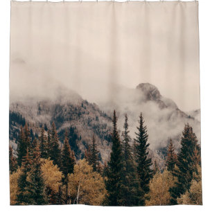 Banff national park foggy mountains and forest in shower curtain