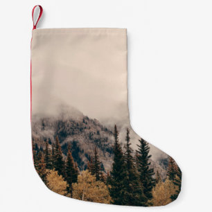 Banff national park foggy mountains and forest in small christmas stocking