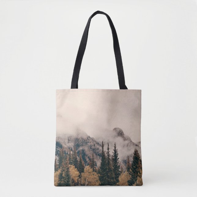 Banff national park foggy mountains and forest in  tote bag (Front)