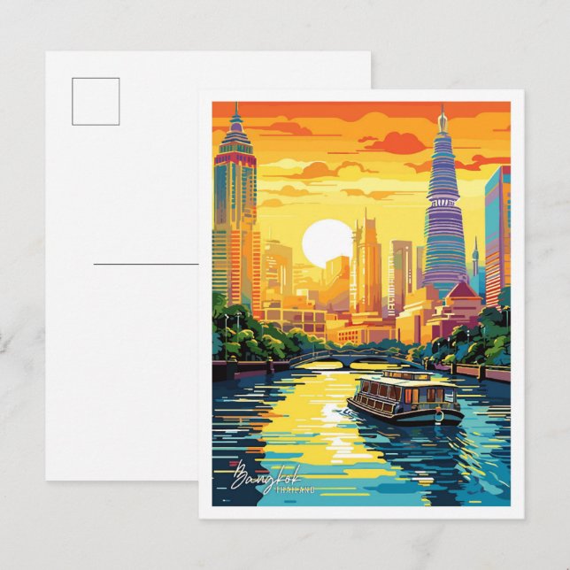 Bangkok Thailand Art Vintage Travel Illustration Postcard (Front/Back)