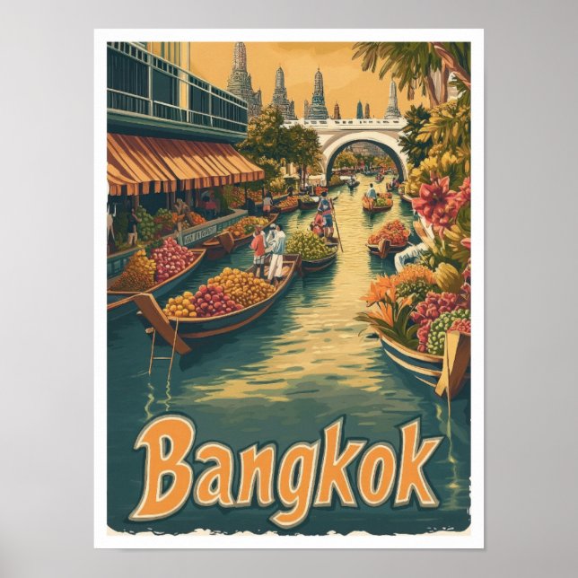 Bangkok Thailand Art Vintage Travel Illustration Poster (Front)