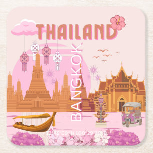 Bangkok Thailand Boho Retro Travel Poster Square Paper Coaster