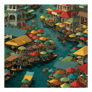 Bangkok Thailand Market Floating On Water Vintage Poster