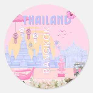 Bangkok Thailand Pastel Pink Blue Travel Poster Classic Round Sticker