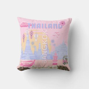 Bangkok Thailand Pastel Pink Blue Travel Poster Cushion