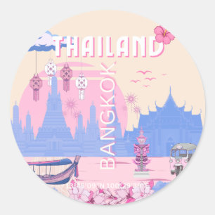 Bangkok Thailand Pastel Travel Blue Pink Poster Classic Round Sticker