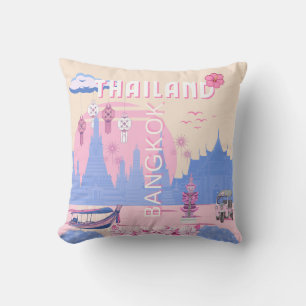 Bangkok Thailand Pastel Travel Blue Pink Poster Cushion
