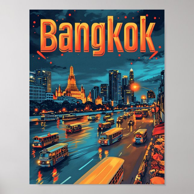Bangkok Thailand Vintage Art Travel Illustration Poster (Front)