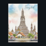 Bangkok Thailand Wat Arun Watercolor  Postcard<br><div class="desc">Bangkok, the capital of Thailand, is a vibrant metropolis that seamlessly blends ancient traditions with modern dynamism. It's a city of contrasts, where glittering skyscrapers soar above bustling street markets, and ancient temples stand alongside trendy rooftop bars. Here's a glimpse into what makes Bangkok so unique: A Cultural Melting Pot:...</div>