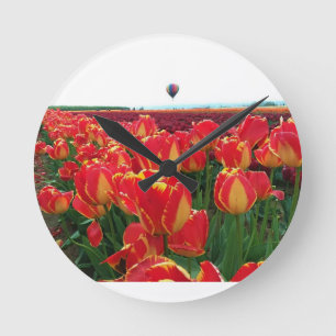 Banja Luka Tulips in a Field with Hot Air Balloon Round Clock