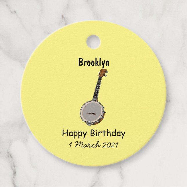 Banjo cartoon illustration favour tags (Front)