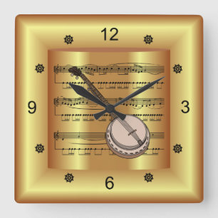 Banjo ~ Curved Sheet Music ~ Gold Background ~ Square Wall Clock